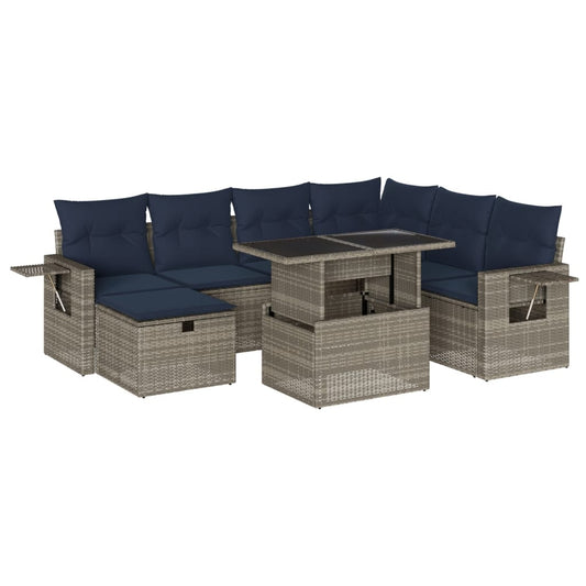 8-teiliges Gartensofa-Set mit Kissen, grau, Polyrattan