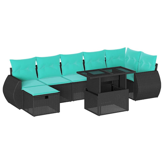8-teiliges Gartensofa-Set mit Kissen, schwarzes Polyrattan