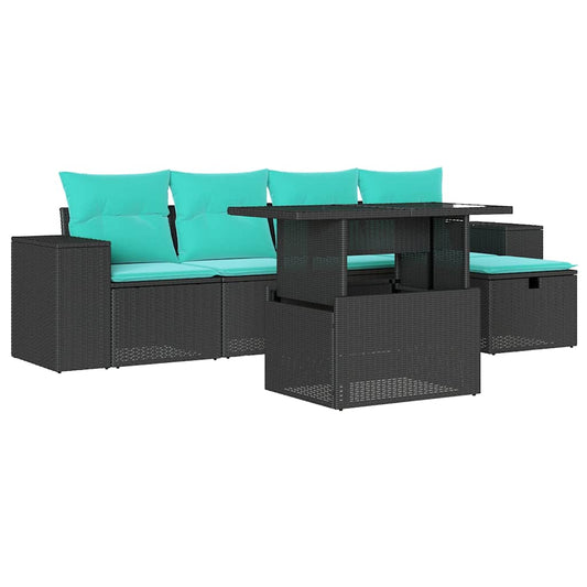 6-teiliges Gartensofa-Set mit Kissen, schwarzes Polyrattan