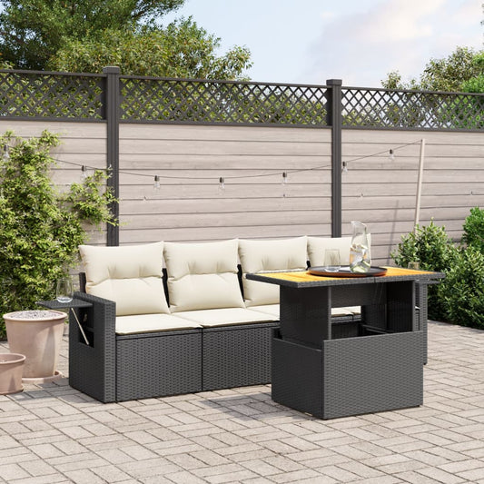 5-tlg. Garten-Sofagarnitur mit Kissen Schwarz Poly Rattan