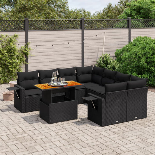 9-tlg. Garten-Sofagarnitur mit Kissen Schwarz Poly Rattan