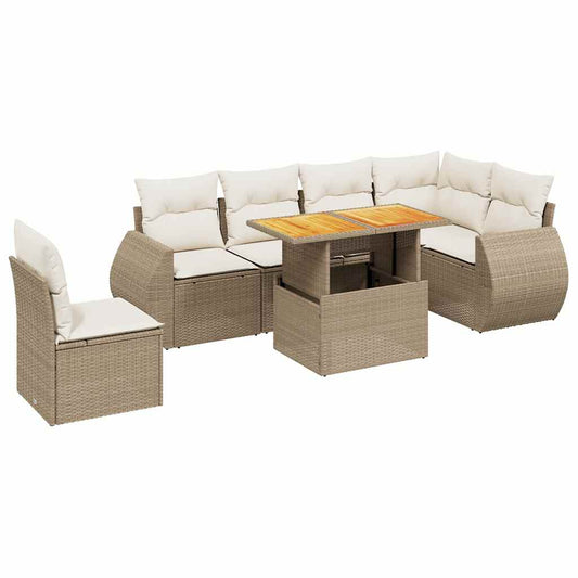7-tlg. Garten-Sofagarnitur mit Kissen Beige Poly Rattan