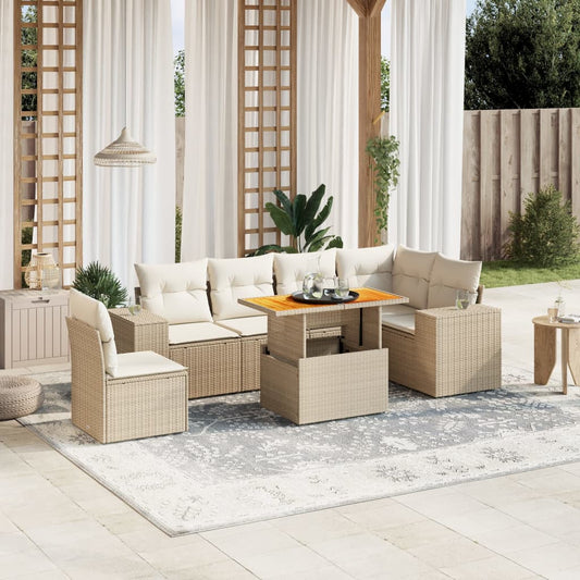 7-tlg. Garten-Sofagarnitur mit Kissen Beige Poly Rattan