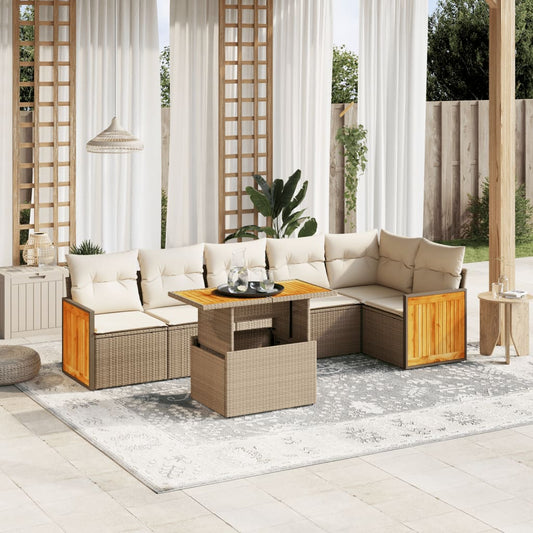 7-tlg. Garten-Sofagarnitur mit Kissen Beige Poly Rattan