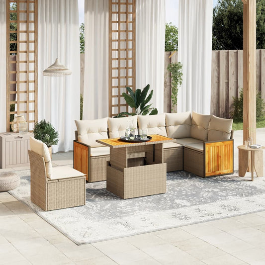 7-tlg. Garten-Sofagarnitur mit Kissen Beige Poly Rattan