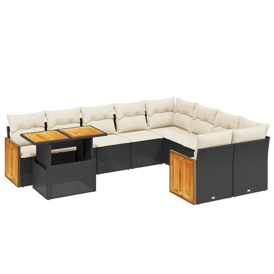 10-tlg. Garten-Sofagarnitur mit Kissen Schwarz Poly Rattan