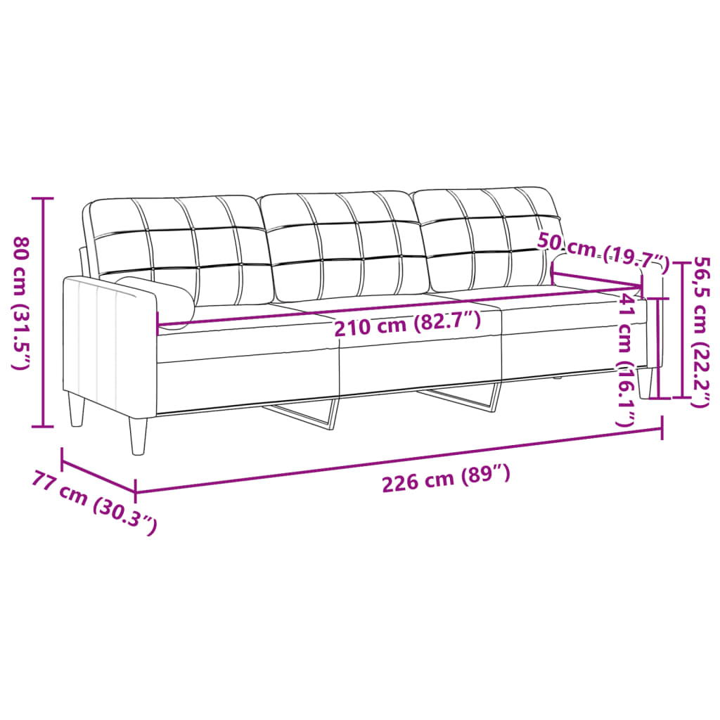 Sofa 3-personers med pyntepuder lysegrå 210 cm stof