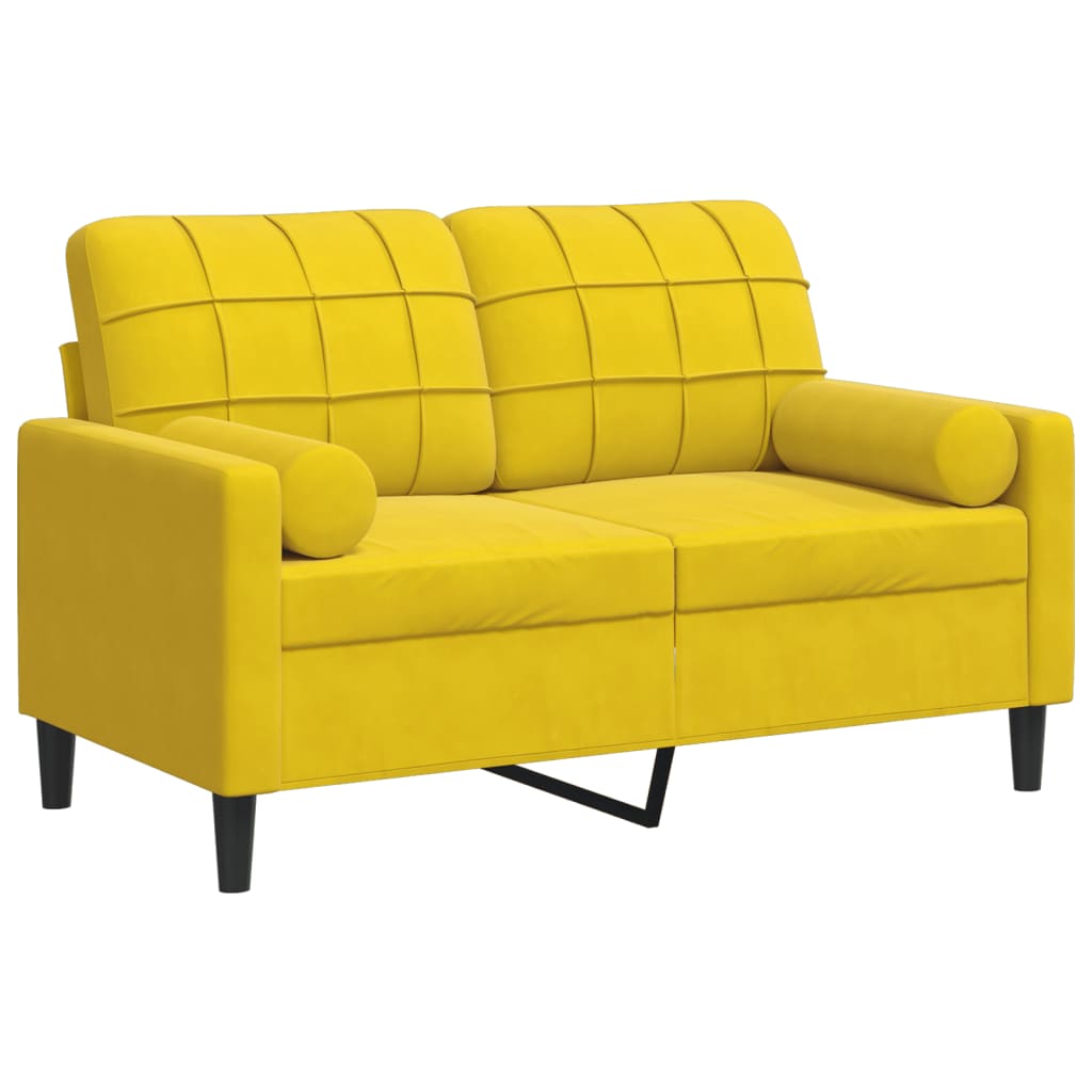 2-personers sofa med pyntepuder gul 120 cm fløjl