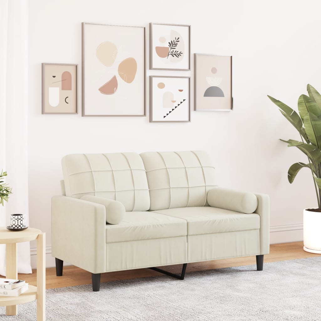 2-personers sofa med dekorative hynder creme 120 cm fløjl