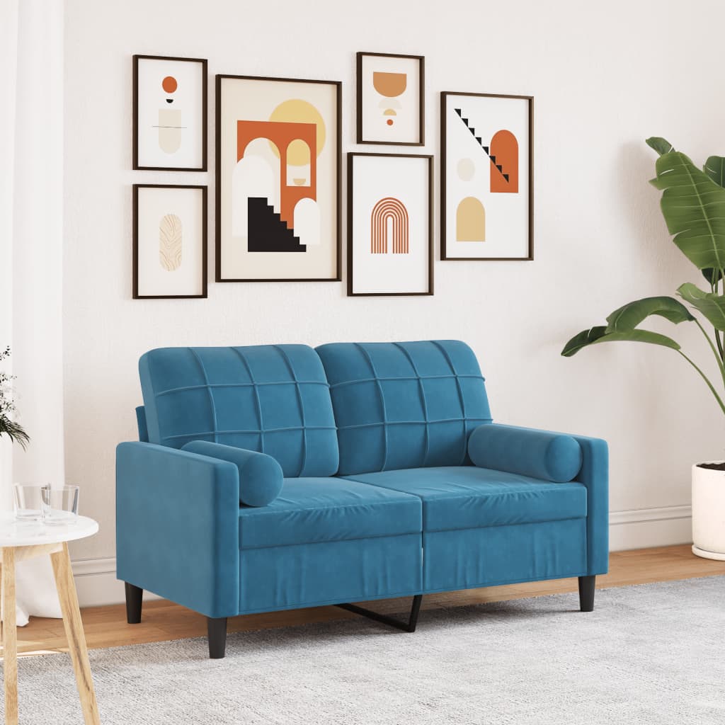 2-personers sofa med pyntepuder blå 120 cm fløjl