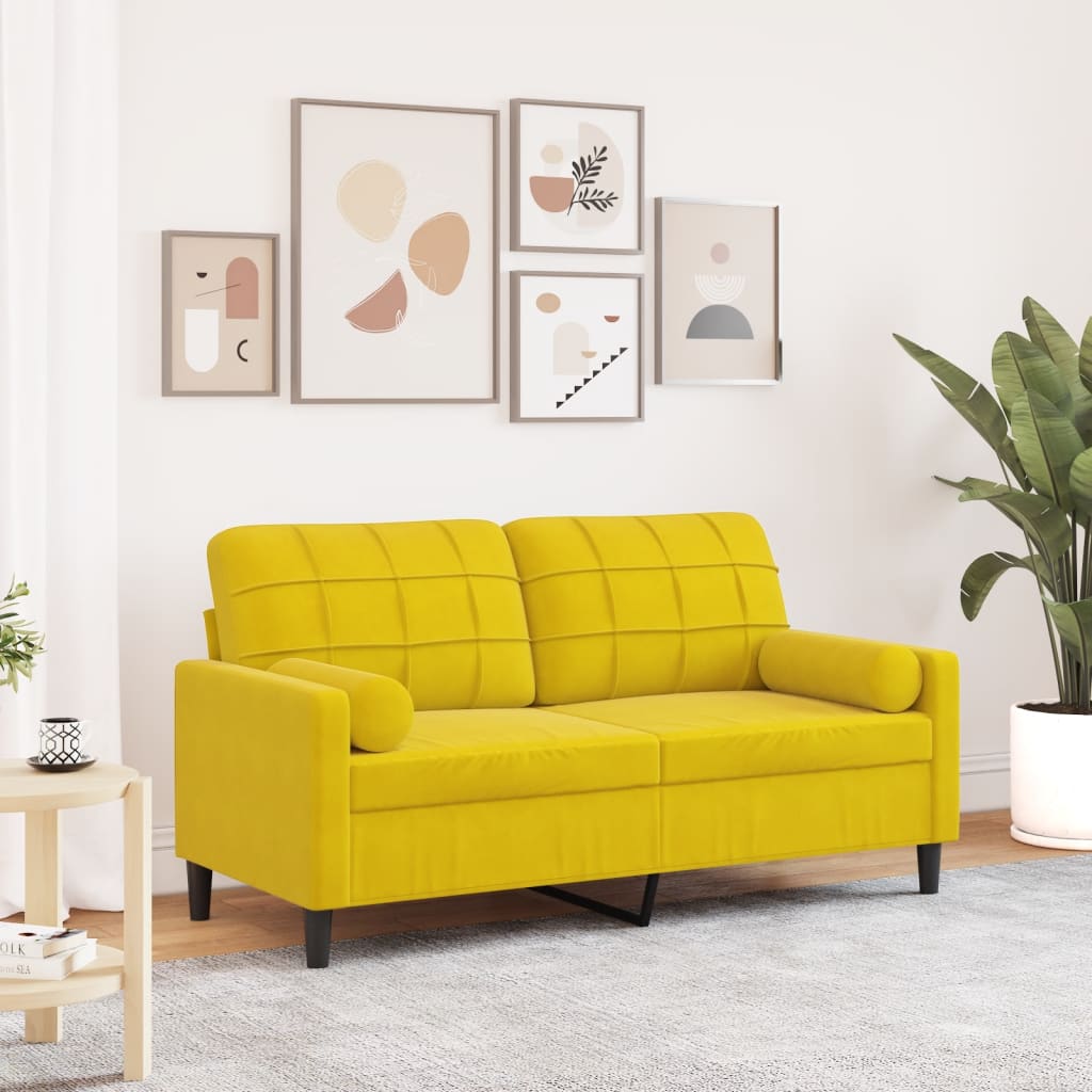 2-personers sofa med pyntepuder gul 140 cm fløjl