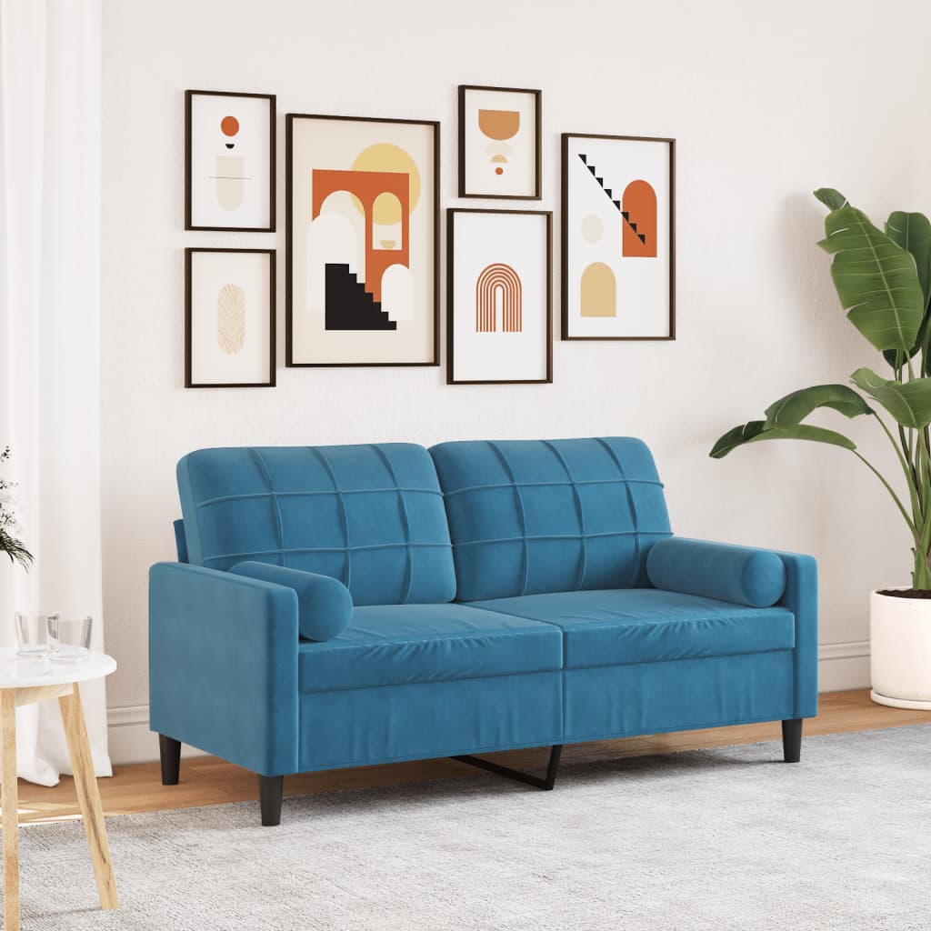 2-personers sofa med pyntepuder blå 140 cm fløjl