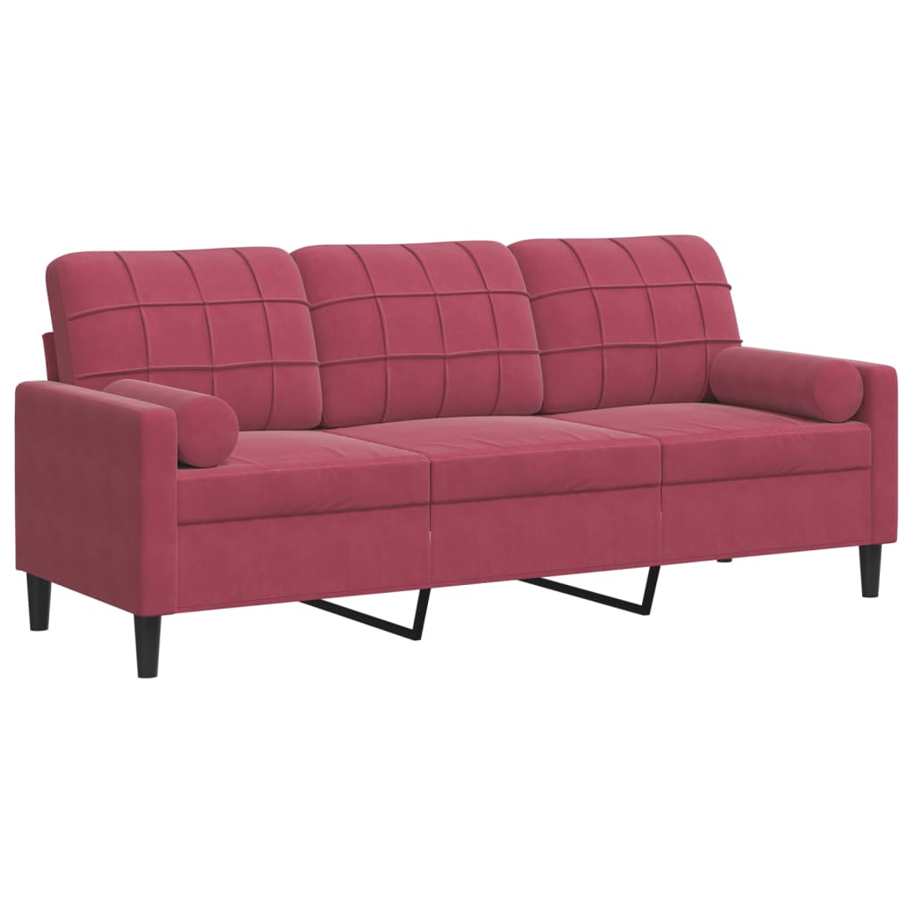 3-personers sofa med pyntepuder vinrød 180 cm fløjl