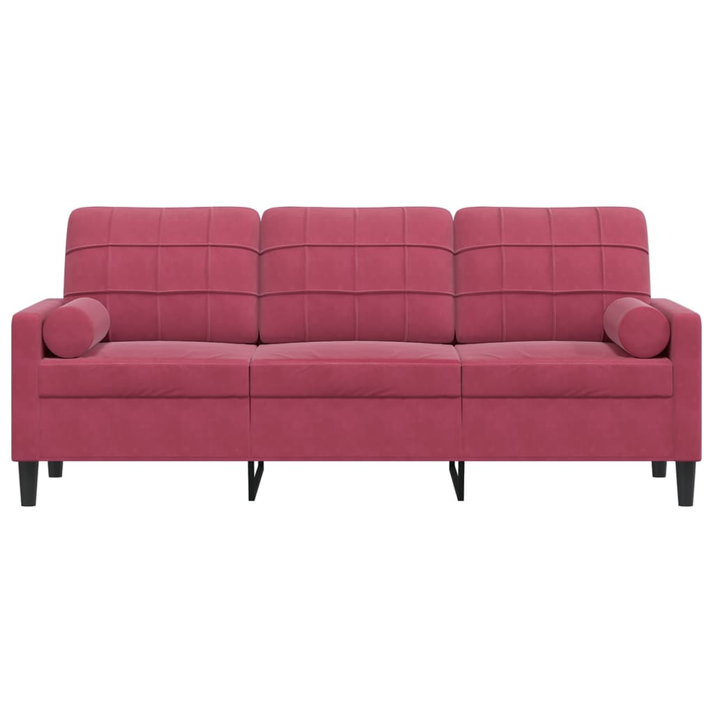 3-personers sofa med pyntepuder vinrød 180 cm fløjl