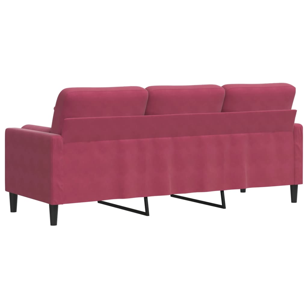 3-personers sofa med pyntepuder vinrød 180 cm fløjl