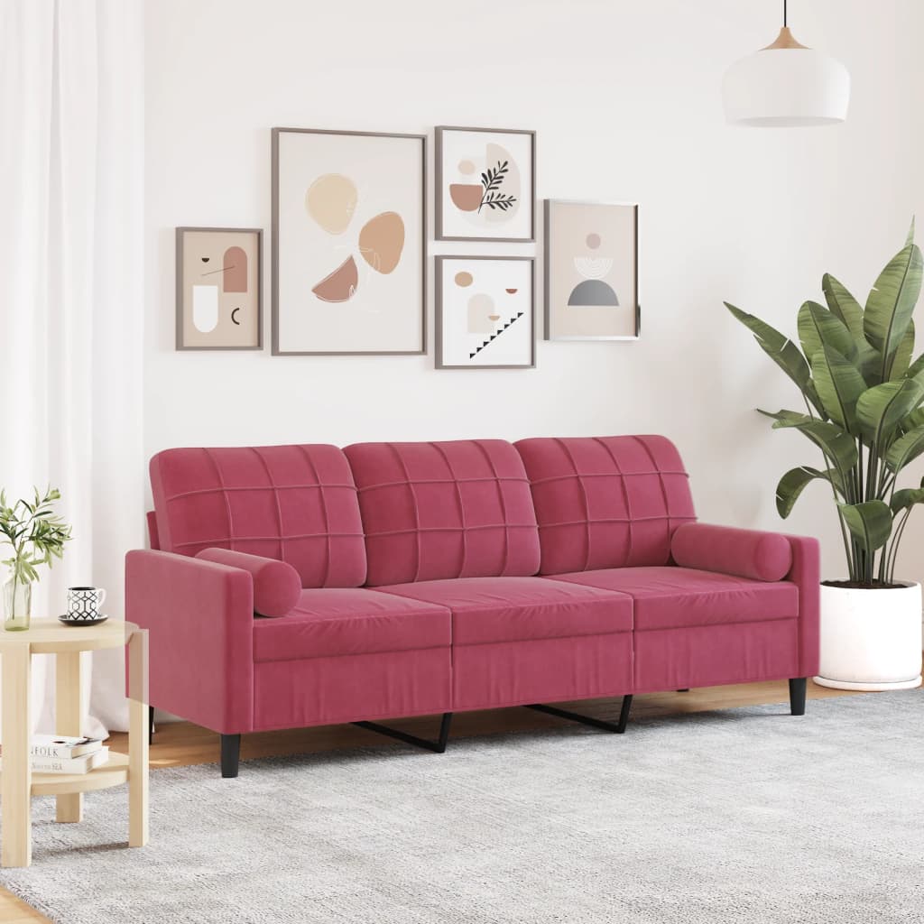 3-personers sofa med pyntepuder vinrød 180 cm fløjl