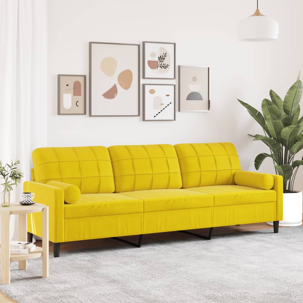 Sofa 3-personers med pyntepuder gul 210 cm fløjl
