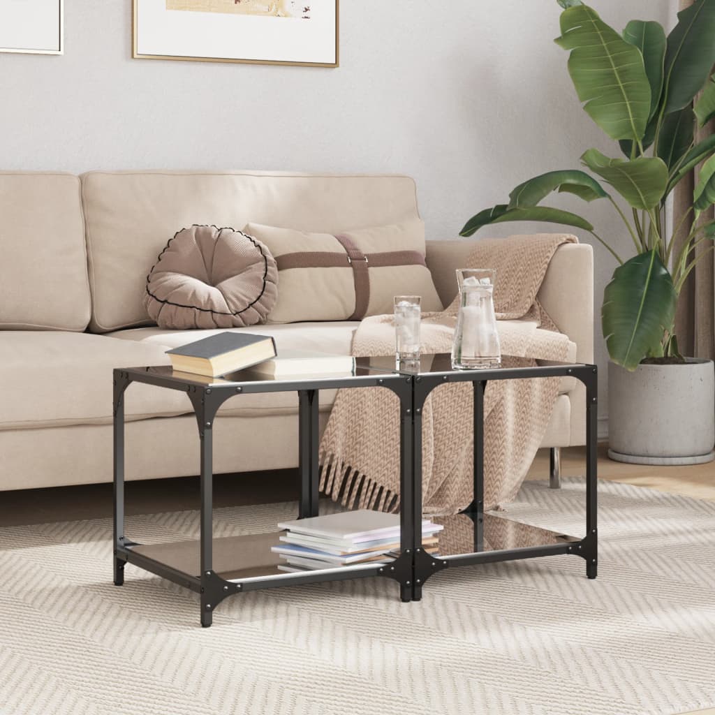 Sofaborde med glasplade 2 stk Sort 40x40x40 cm Stål