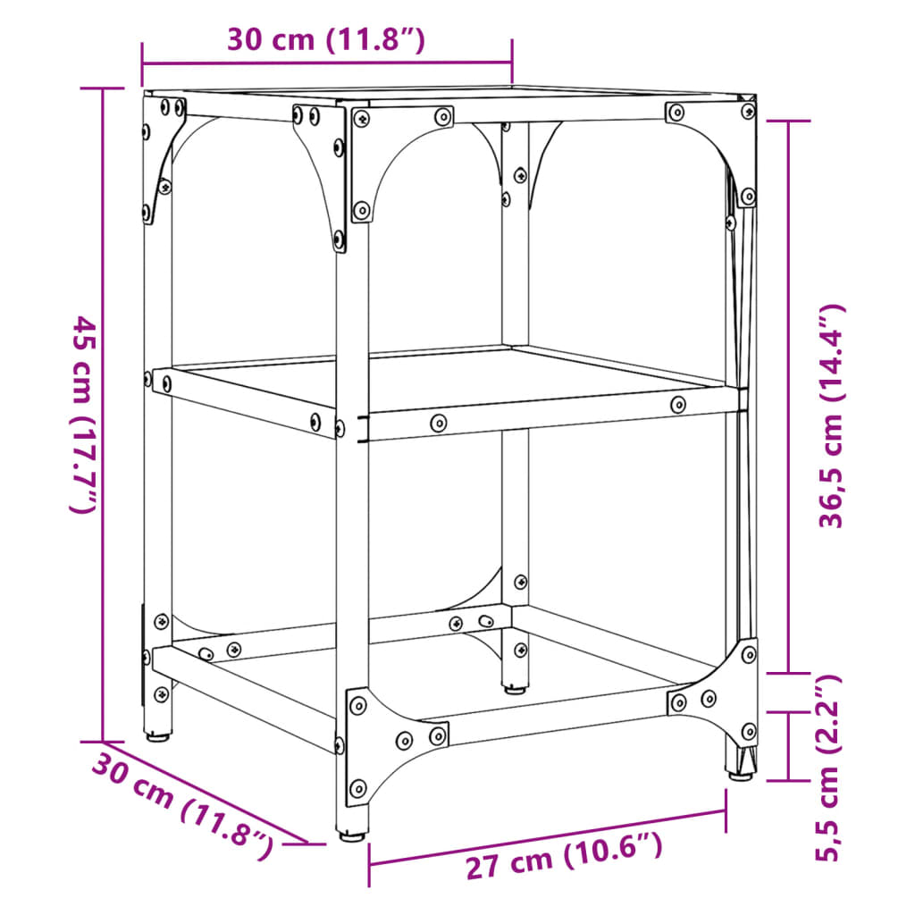 Sofaborde med glasplade 2 stk Sort 30x30x45 cm Stål