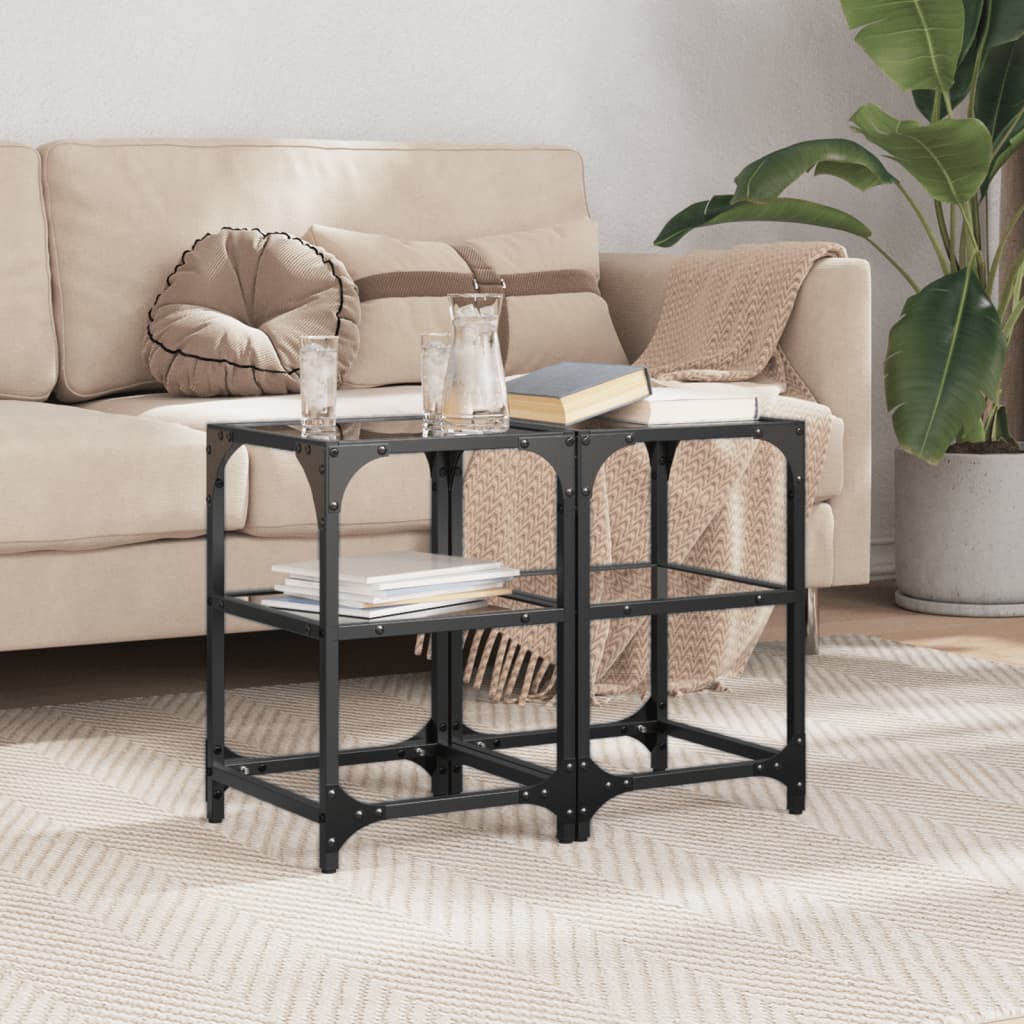 Sofaborde med glasplade 2 stk Sort 30x30x45 cm Stål