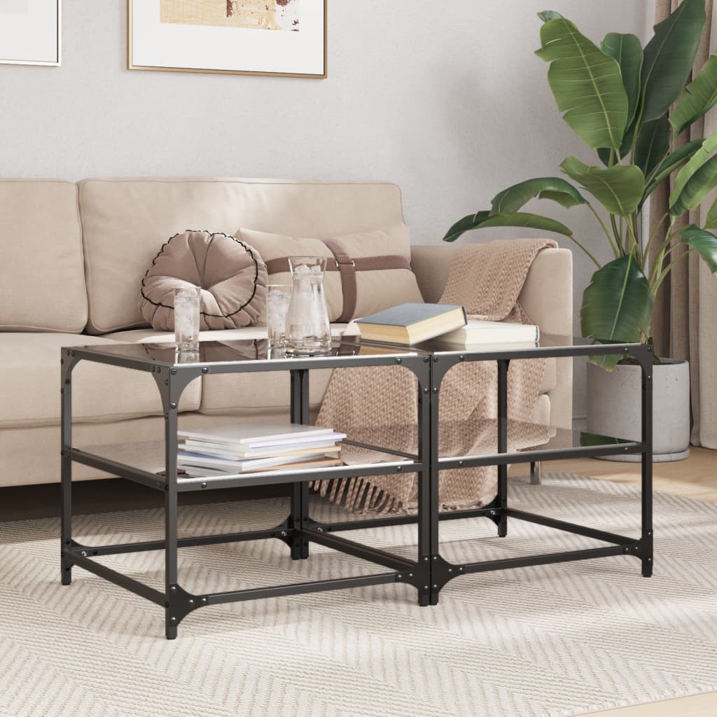Sofaborde med glasplader 2 stk Sort 50x50x45 cm Stål