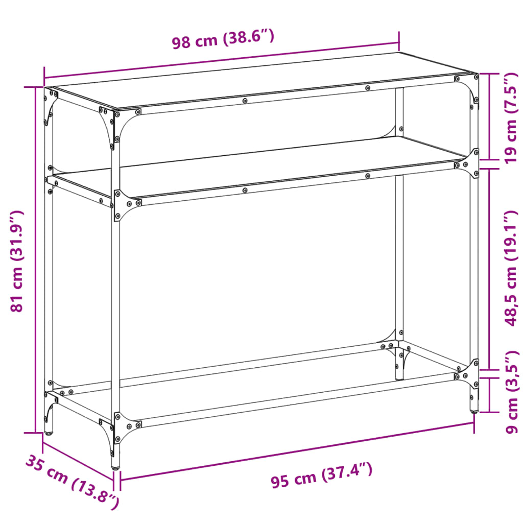 Konsolbord med glasplade sort 98x35x81 cm stål