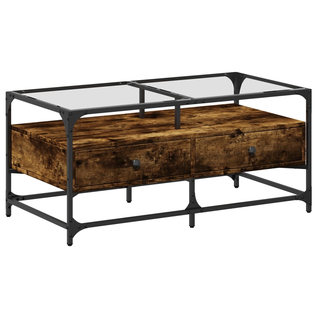 Sofabord med glasplade røget eg 98,5x50x45 cm stål
