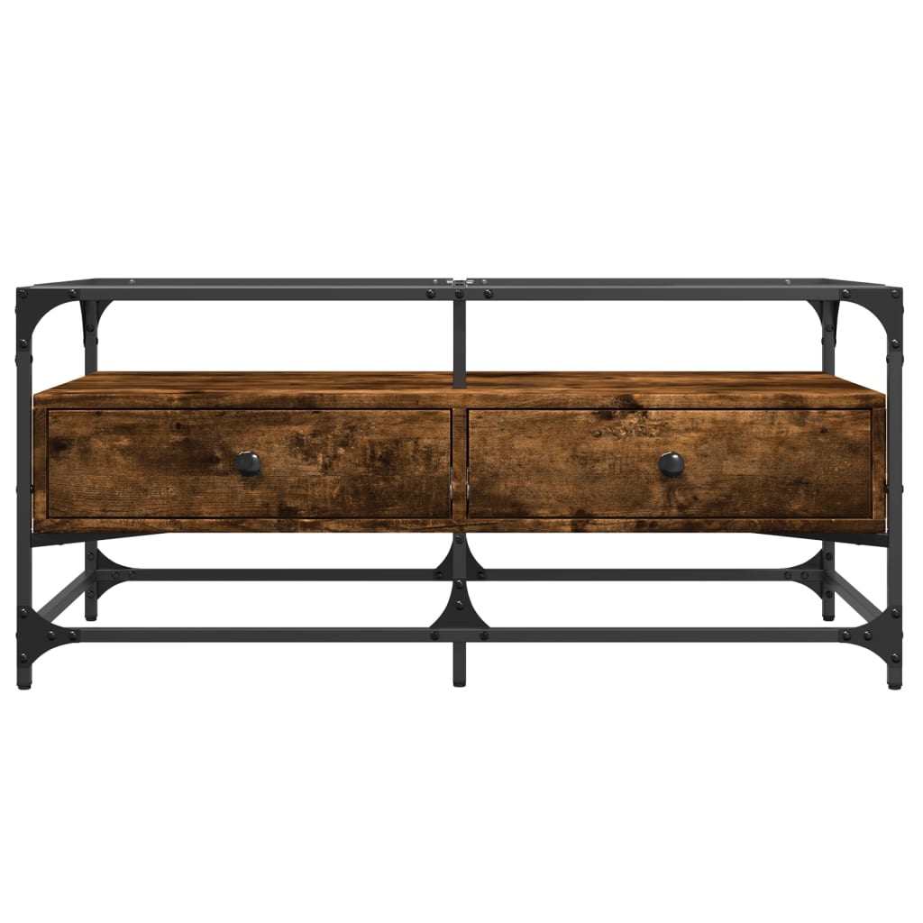 Sofabord med glasplade røget eg 98,5x50x45 cm stål