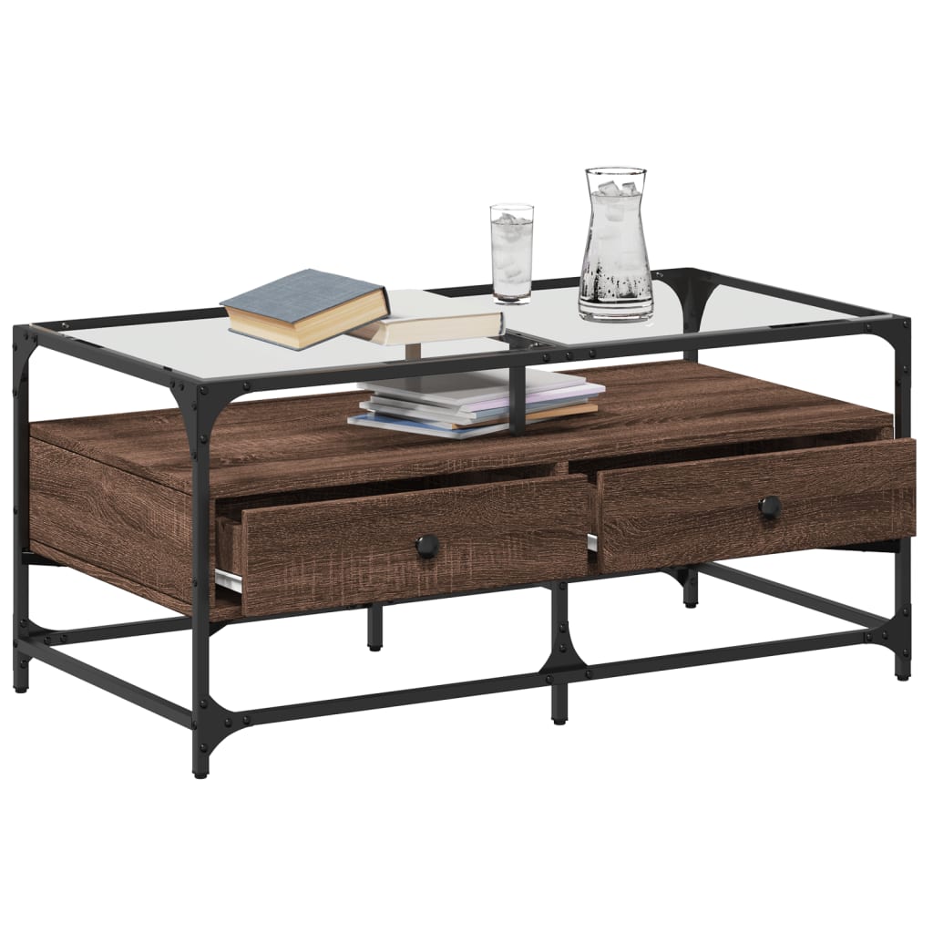 Sofabord med glasplade brun eg look 98,5x50x45cm stål