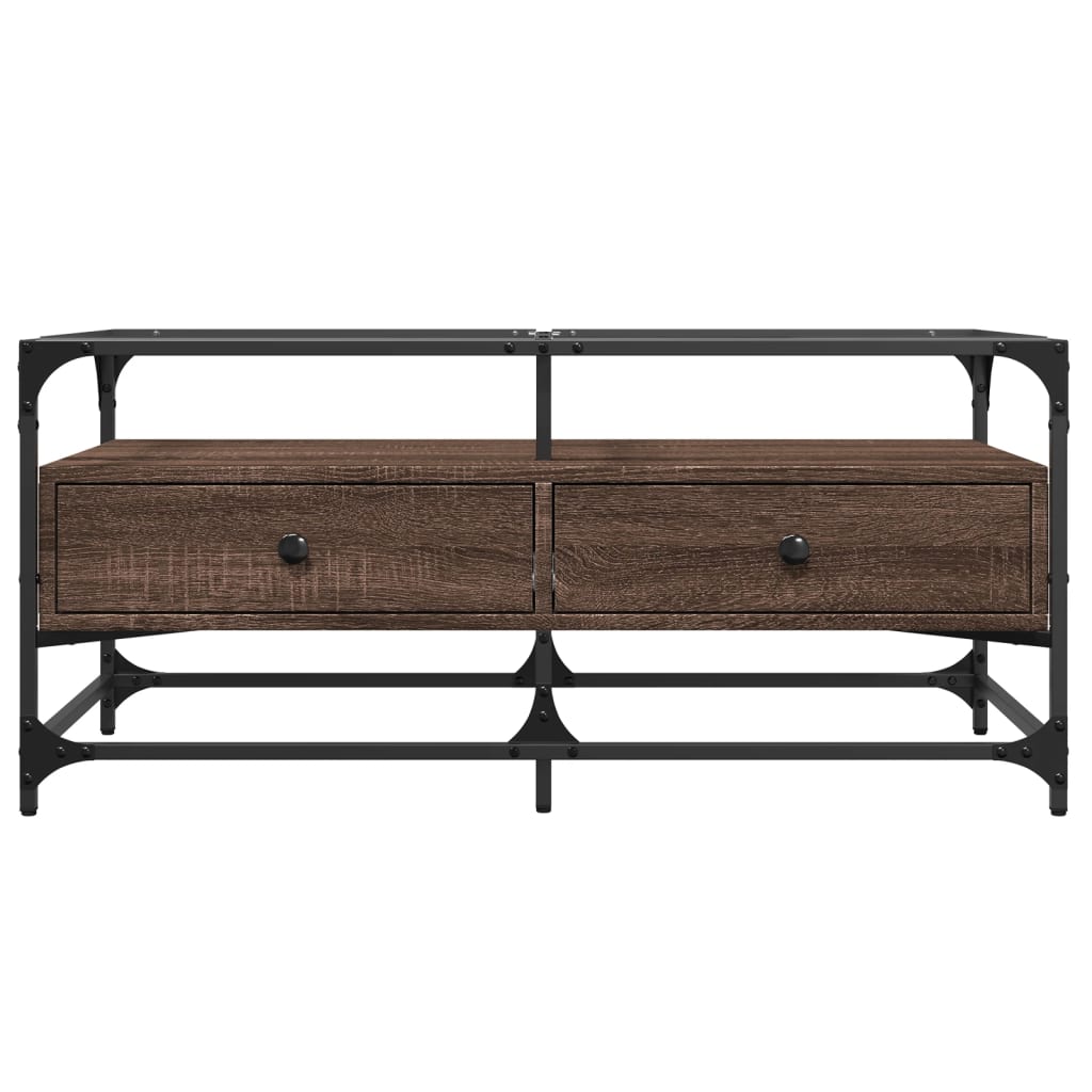 Sofabord med glasplade brun eg look 98,5x50x45cm stål