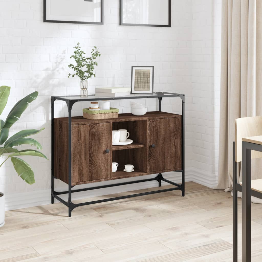 Skænk med glasplade brun eg 98x35x81 cm træmateriale