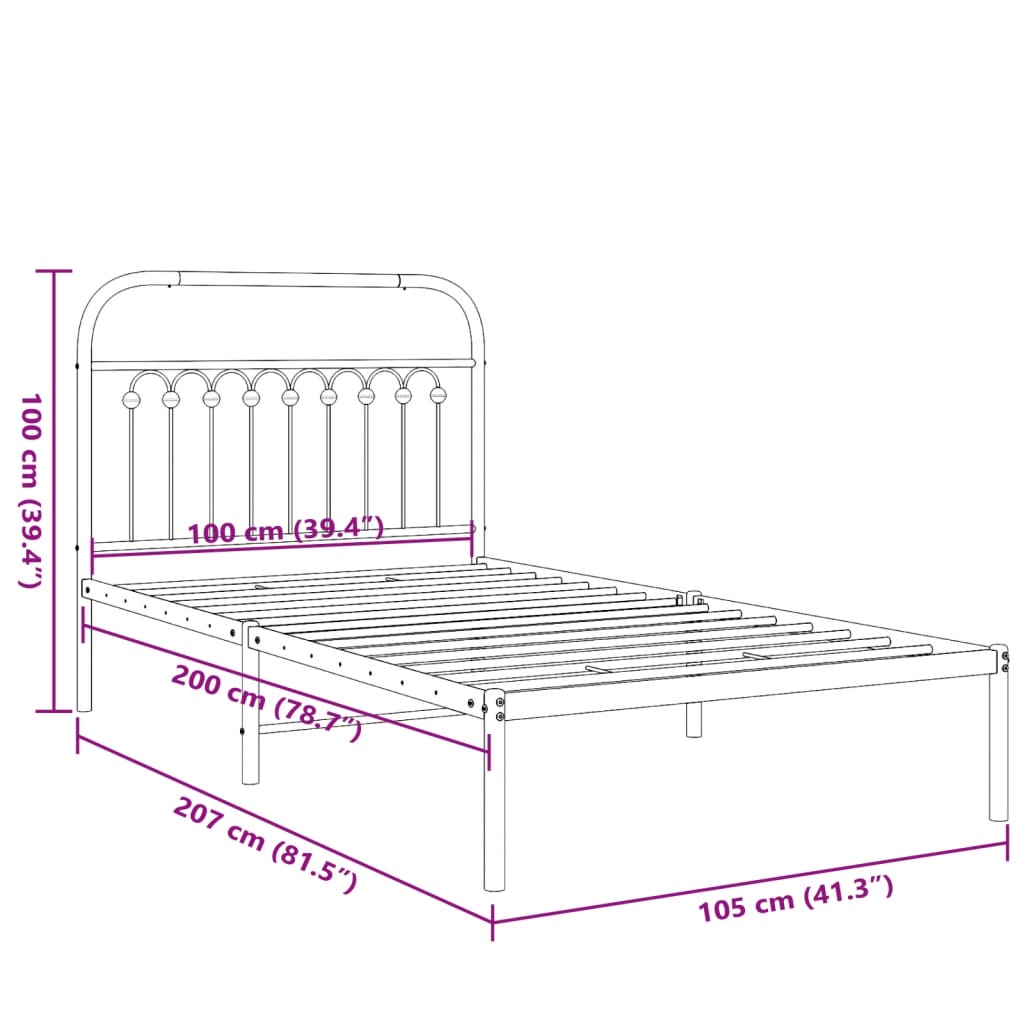 Sengeramme med sengegavl metal hvid 100x200 cm