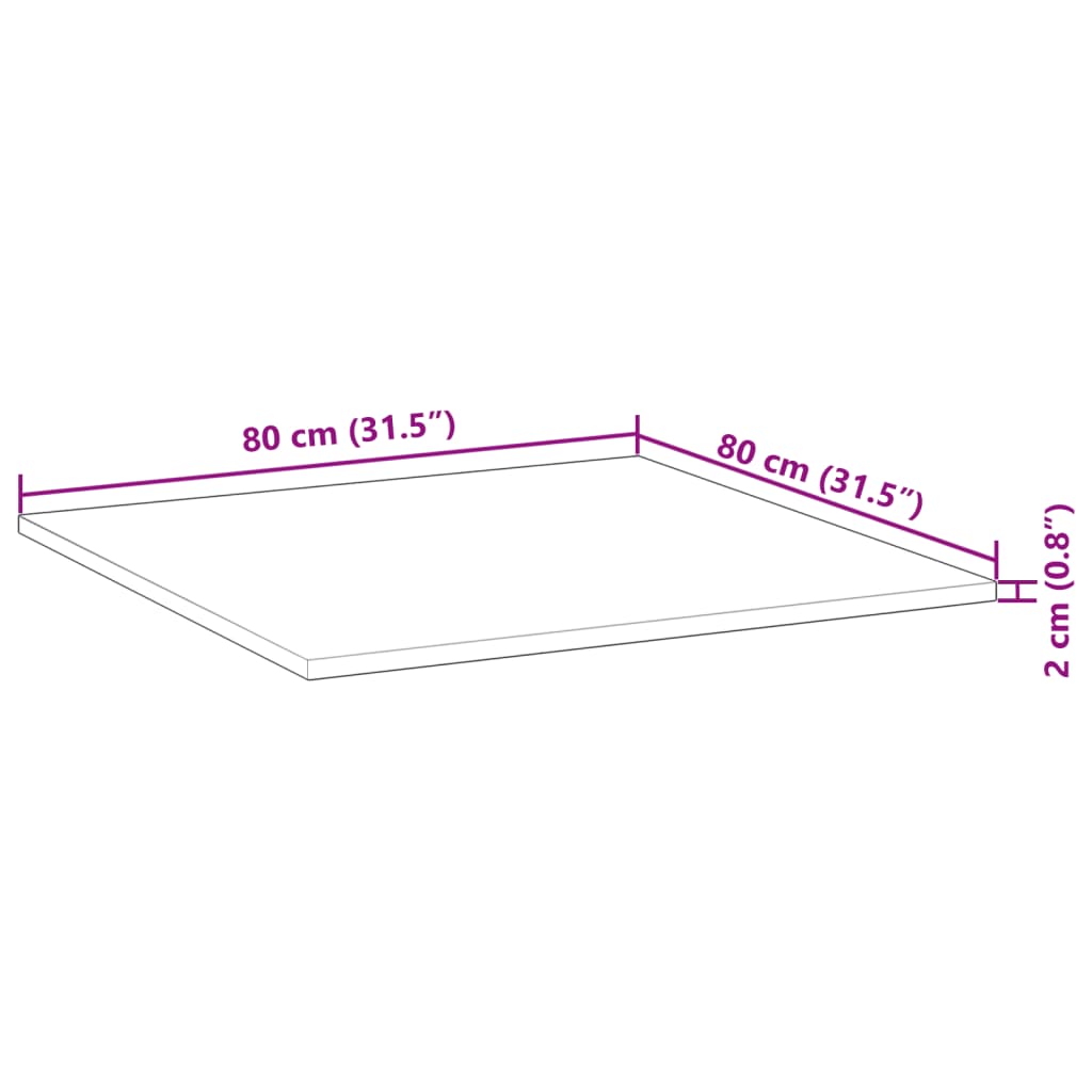 Bordplade firkantet 80x80x2 cm massiv træ akacie