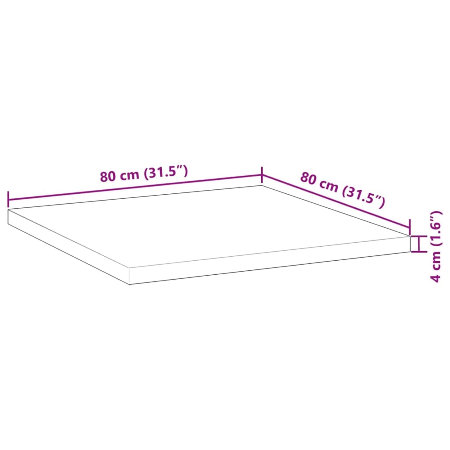 Bordplade firkantet 80x80x4 cm massiv træ akacie