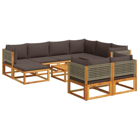 10-tlg. Gartensofa-Set mit Kissen Holz Akazie & Rattan