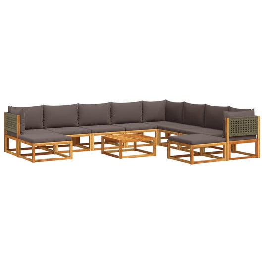 11-tlg. Gartensofa-Set mit Kissen Holz Akazie & Rattan