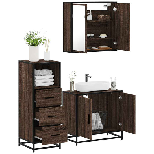 3-delt Badeværelsesmøbelsæt Brown Oak Look Træmateriale