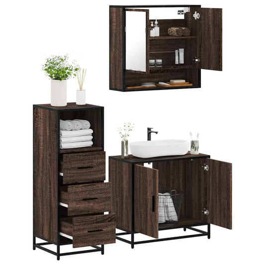 3-delt Badeværelsesmøbelsæt Brown Oak Look Træmateriale