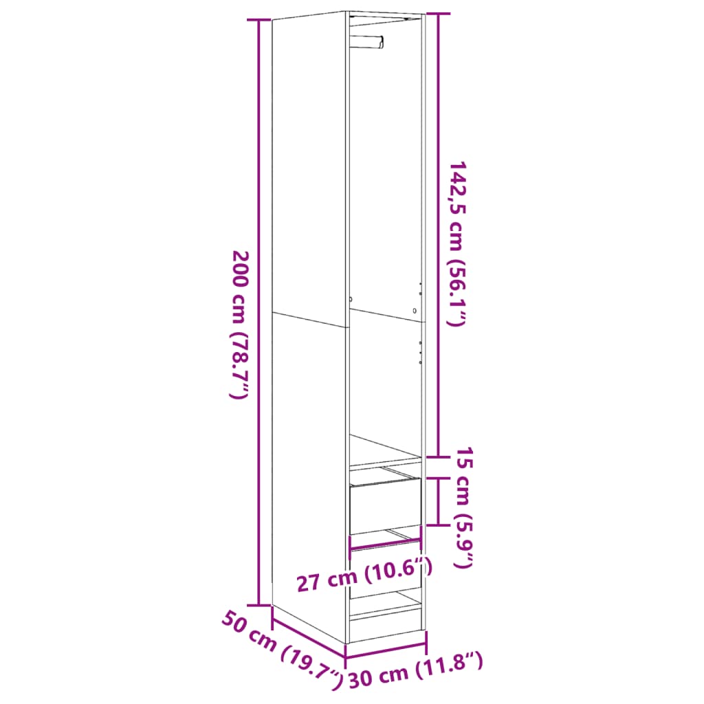 Garderobe røget eg 30x50x200 cm træmateriale