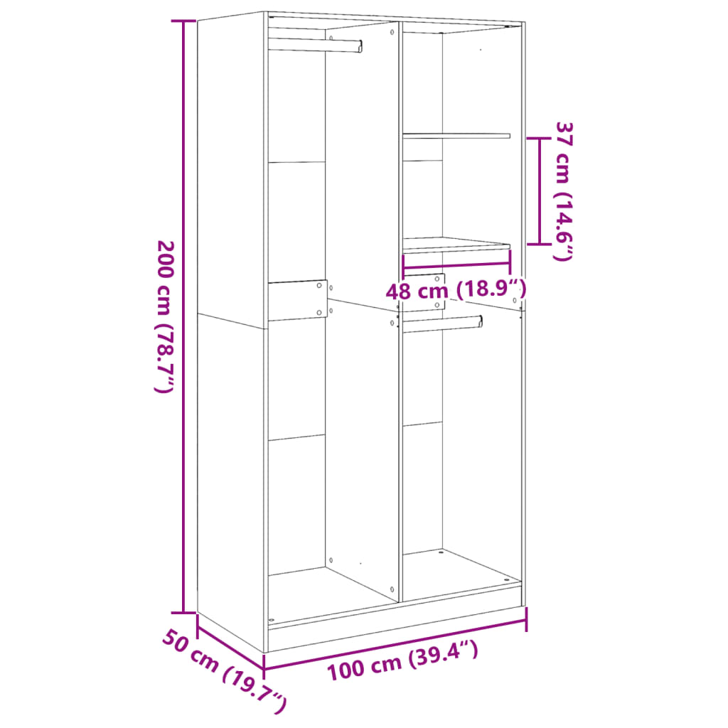 Garderobe Beton Grå 100x50x200 cm Træ Materiale