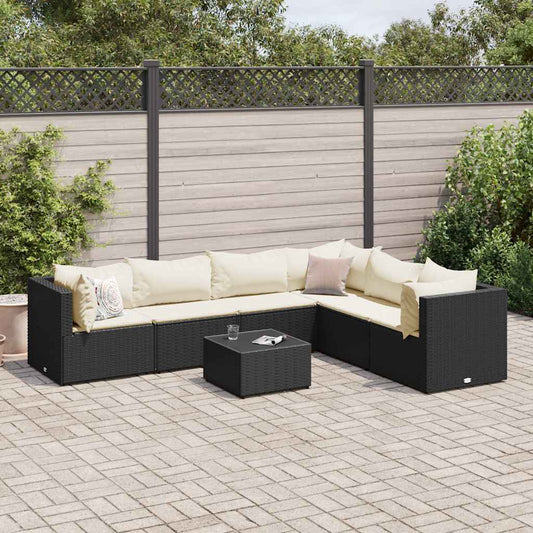 7-tlg. Garten-Lounge-Set mit Kissen Schwarz Poly Rattan