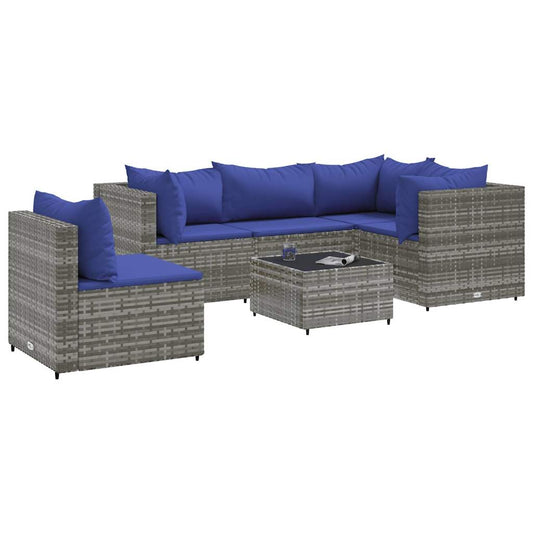 6-tlg. Garten-Lounge-Set mit Kissen Grau Poly Rattan