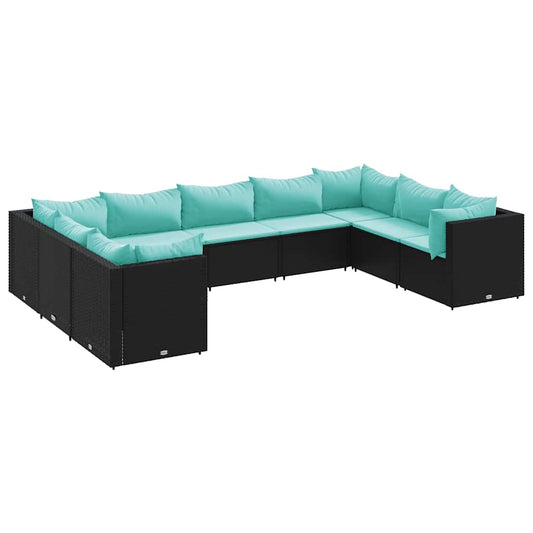 9-tlg. Garten-Lounge-Set mit Kissen Schwarz Poly Rattan