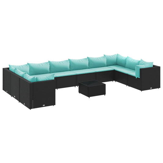 11-tlg. Garten-Lounge-Set mit Kissen Schwarz Poly Rattan