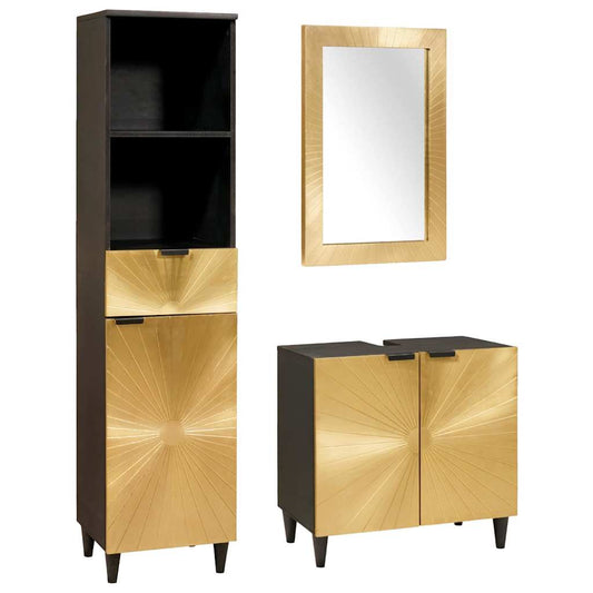 Badezimmermöbel-Sets 3 pcs Schwarz und Gold massives Mangoholz
