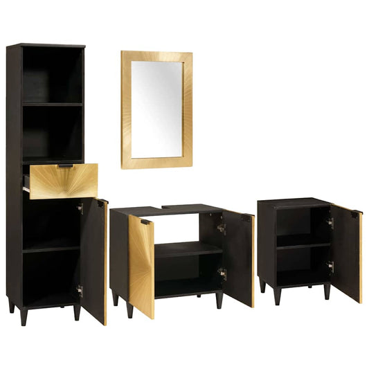 Badezimmermöbel-Sets 4 pcs Schwarz und Gold massives Mangoholz