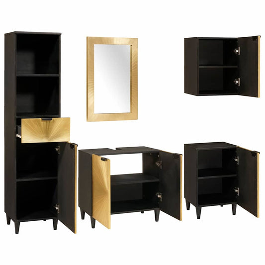 Badezimmermöbel-Sets 5 pcs Schwarz und Gold massives Mangoholz
