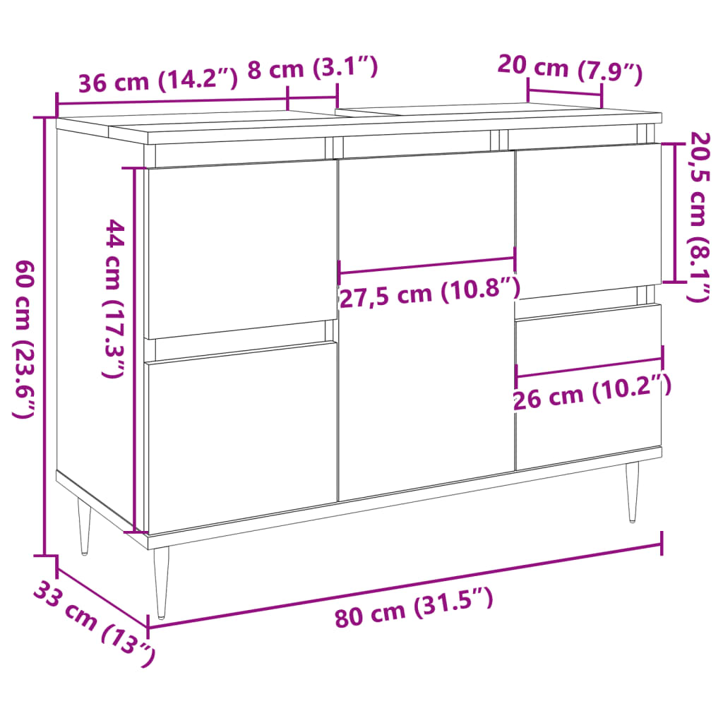 Badeværelsesskab Beton Grå 80x33x60 cm Træ Materiale