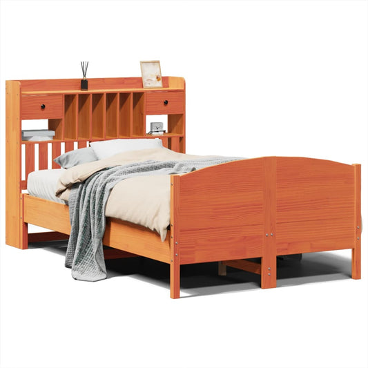 Massivholzbett mit Regal ohne Matratze Wachsbraun 135x190 cm