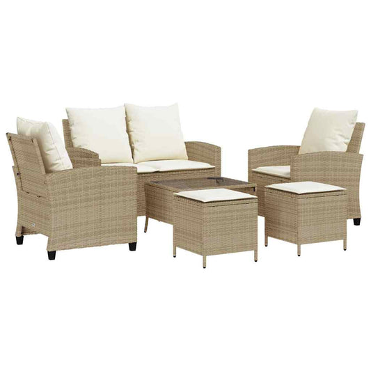 6-tlg. Garten-Sofagarnitur mit Kissen Beige Poly Rattan